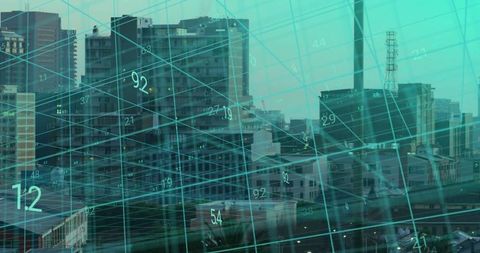 Futuristic Urban Skyline with Digital Data Grid Overlay