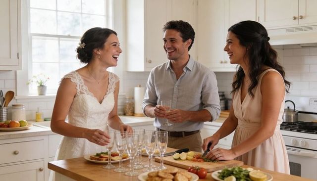 Bride laughing with friends preparing toasts and appetizers in bright home kitchen