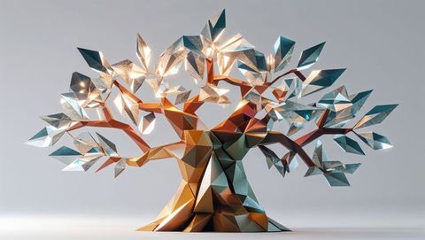 Geometric metallic dreaming tree sculpture in contemporary gallery