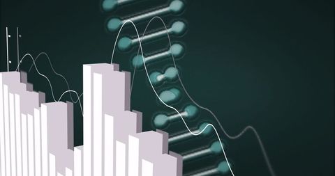 3d bar chart overlaying dna helix visualizing genomic data trends for biotech analytics