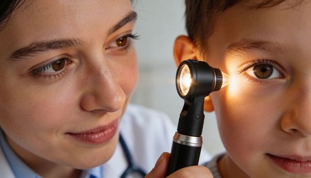 Pediatric clinician examining child's ear with otoscope close-up compassionate care