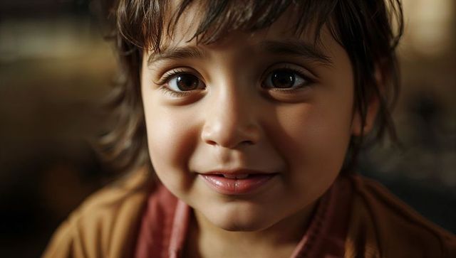 Smiling girl gazing forward with warm light and soft closeup portrait in brown jacket