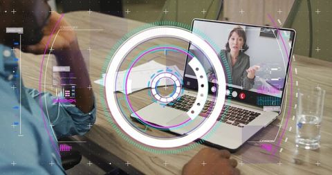 Executive participating in augmented remote meeting with holographic hud and presenter