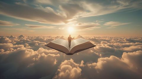 Silhouette on a floating book over a dreamlike cloudscape
