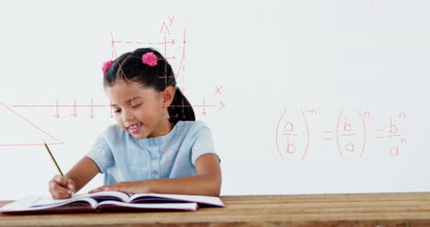 Happy Biracial Girl Studying Math with Formulas Animation