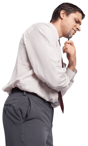 Thoughtful Businessman Holding Pen in Contemplation on Transparent Background