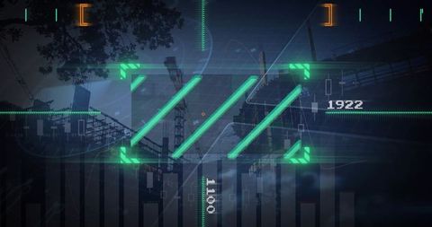 Displaying neon hud overlay over industrial skyline with angled data bars and cranes