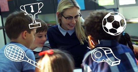 Female teacher engaging with diverse schoolchildren and education icons