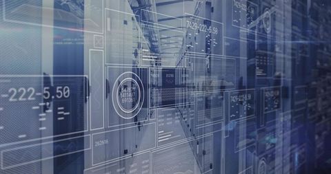 Futuristic Data Center Corridor with HUD Elements