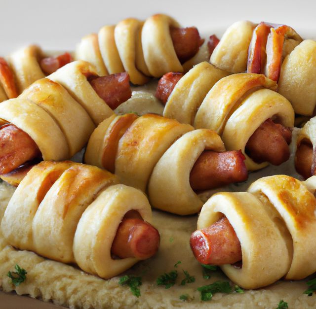 Perfect for party platters, casual gatherings, or picnic settings. These freshly baked pigs in a blanket showcase mini sausages wrapped in golden brown pastry, making them an ideal finger food option. The close-up detail highlights the appealing texture and inviting presentation. Great for food blogs, recipe websites, or advertising festive snacks.