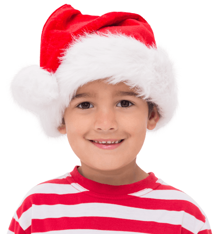 Child in santa hat on transparent background smiling innocently