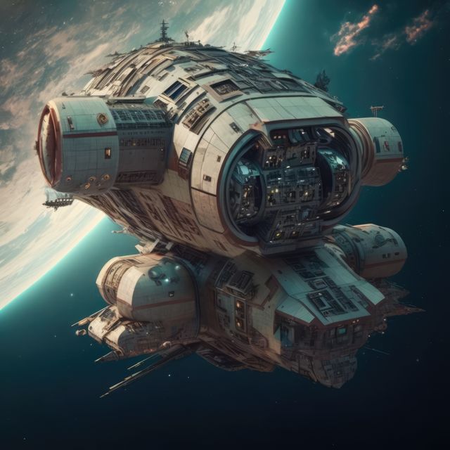 Spaceship flying in outer space over earth background, created using generative ai technology. Space travel and outer space concept digitally generated image.