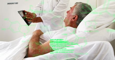 Doctor Discussing Data with Hospitalized Senior Using Tablet