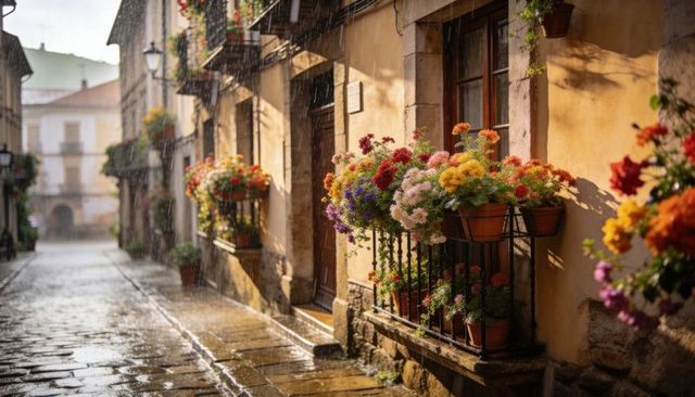 Sunlit rain-soaked cobblestone alley showcasing vibrant flower boxes and rustic balconies