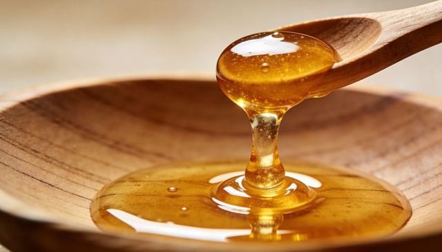 Pouring amber honey from wooden spoon into shallow wooden bowl, golden viscous stream