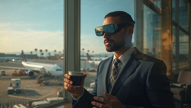 Futuristic technology visionary in airport lounge