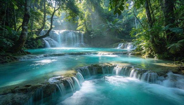 Flowing turquoise tiered waterfall cascading through lush tropical forest with sunbeams