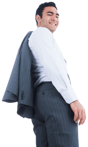 Confident Businessman Smiling Holding Suit Jacket Transparent