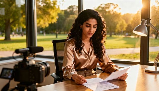 Professional woman reviewing documents at desk with camera recording sunlit park view