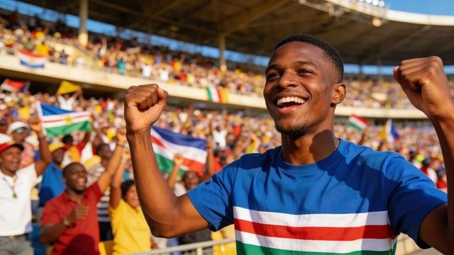 Young black fan celebrating victory in stadium wearing striped blue shirt waving flags