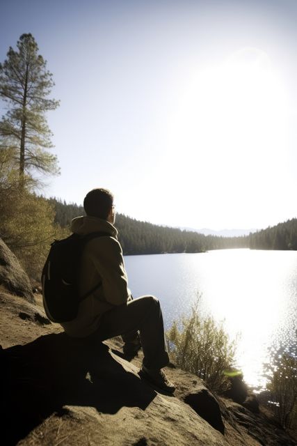 Caucasian male hiker sitting on rock and looking at lake created using generative ai technology. Nature, mountains and hiking concept digitally generated image.