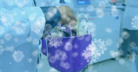 Caucasian doctor with medical tools surrounded by digital virus cells