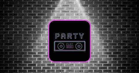 Neon Party Sign on Brick Wall Celebrating Music and Fun