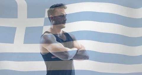Biracial athlete with greek flag overlay representing global sports