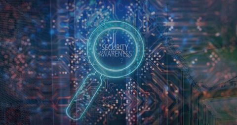 Magnifying Glass with Text Security Awareness on Circuit Board Background