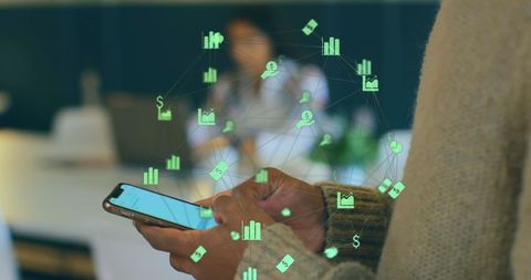 Digital Network Interface with Smartphone and Connection Icons