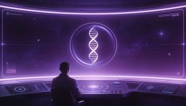 Futuristic control hub monitoring holographic dna strand on panoramic purple interface