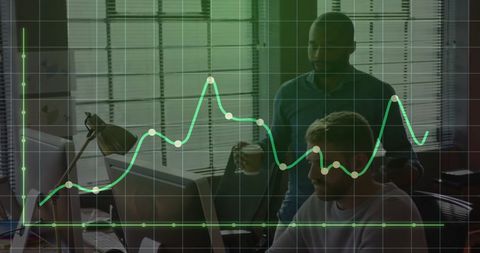 Digital composite graph analysis with diverse team in modern office