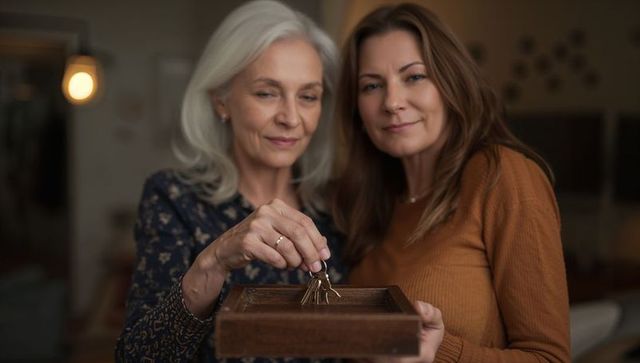 Daughter receiving house keys from mother in cozy home, symbolizing generational trust, care