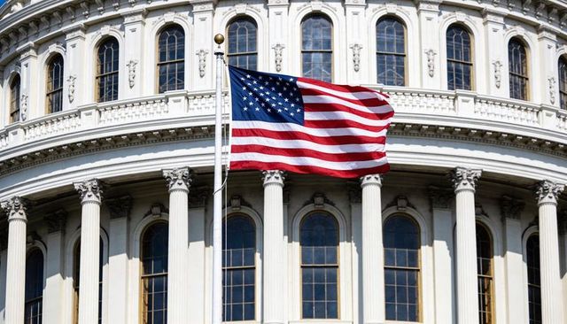 Waving american flag in front of us capitol columns conveying patriotism and civic pride