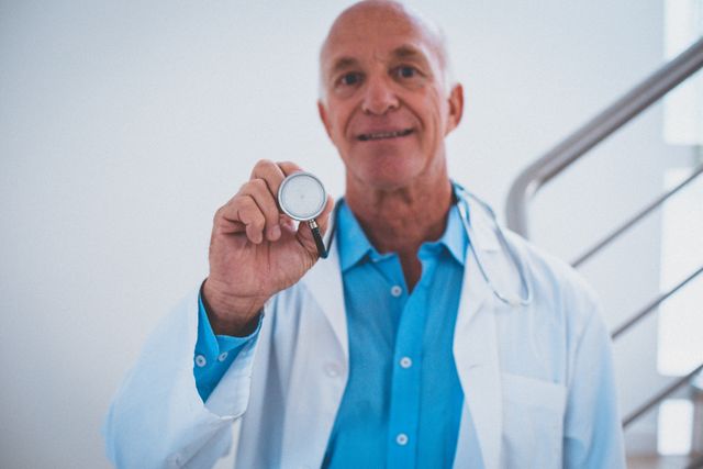 Senior doctor smiling and holding a stethoscope towards the camera. Ideal for use in healthcare advertisements, medical articles, hospital brochures, and websites promoting medical services. Perfect for illustrating concepts of healthcare, medical practice, and professional medical staff.