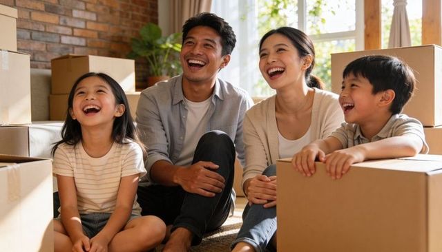 Asian family laughing and bonding while sitting among moving boxes in sunlit living room