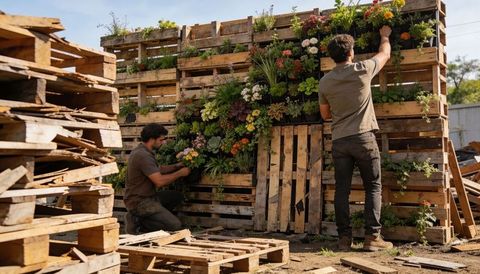 Gardeners building vertical pallet garden with colorful succulents and reclaimed wood