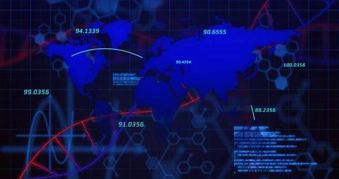 Global Genomics Dashboard with Neon World Map, DNA Helix Visuals and Numeric Analytics