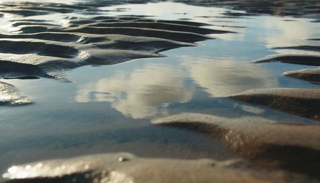 Reflecting clouds on rippled tidal flat at low tide, shallow pool emphasizing sand texture