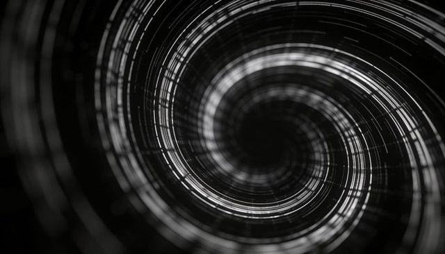 Monochrome spiral vortex of concentric light trails drawing gaze into dark center