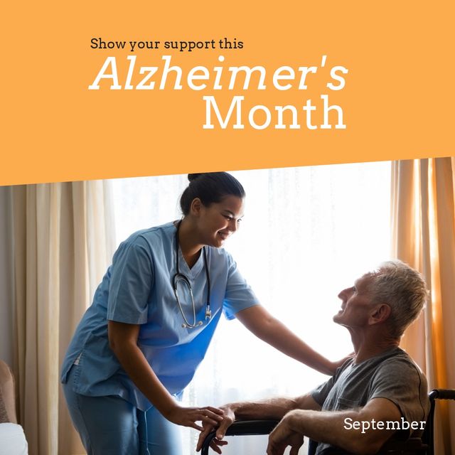 Show your support this alzheimer's month text and asian doctor talking with caucasian male patient. digital composite, copy space, smiling, disability, hospital, disease, healthcare, awareness.