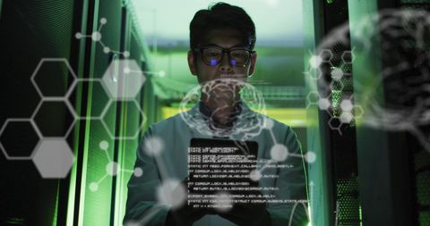 Data Analyst Engaging with Virtual Holograms in Dark Data Center - Download Free Stock Images Pikwizard.com