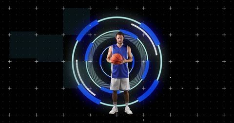 Futuristic Basketball Player Analyzing Digital Interface