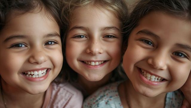 Smiling trio of girls leaning close with freckles and tooth gaps, warm pastel portrait