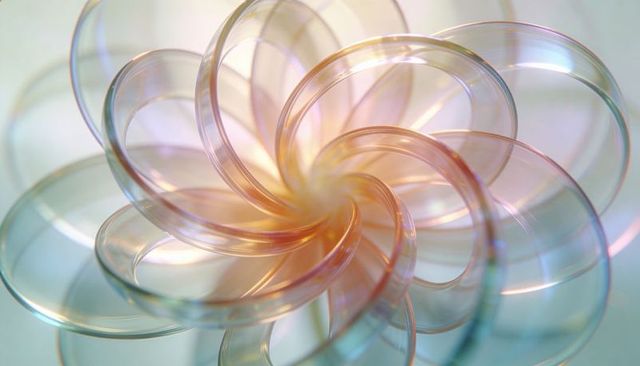 Iridescent spiral sculpture with translucent loops and pastel light refractions