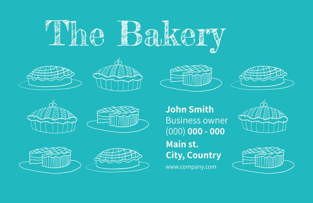 This artisanal bakery business card template features charming illustrations of pies and cakes, providing a visual appeal for pastry chefs and culinary bloggers. The design includes space for business details such as owner's name, contact information, and address. Ideal for bakery owners, pastry makers, and food photographers looking to create a professional image.