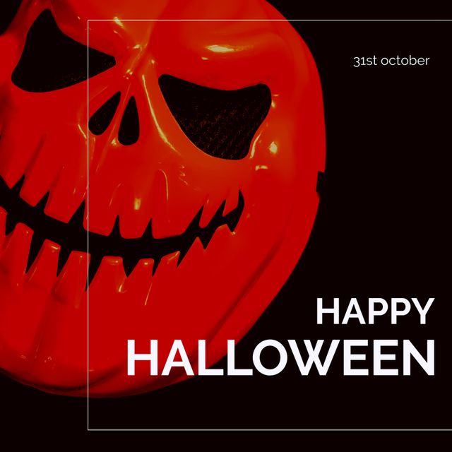 Composition of happy halloween text over pumpkin mask on black background. Halloween tradition and celebration concept digitally generated image.