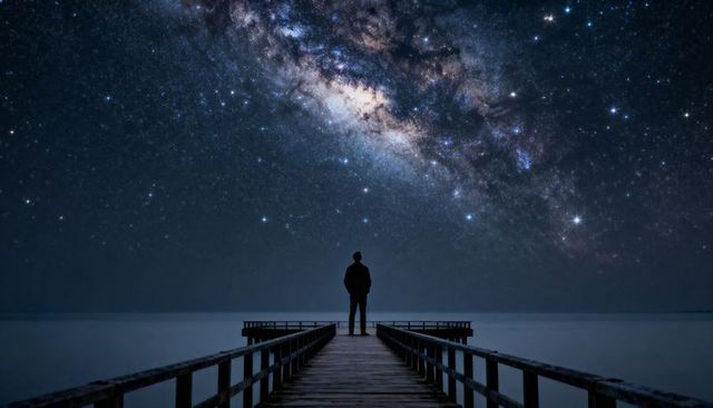 Silhouetted figure standing on wooden pier gazing at milky way over calm sea under starry sky