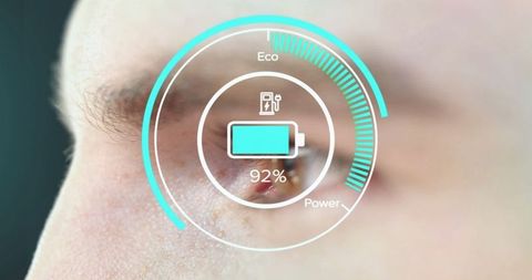 High-tech battery icon on caucasian eye