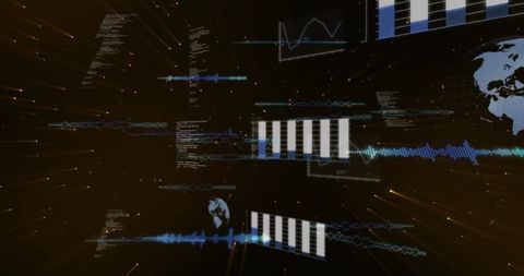 Floating data cluster pulsing in holographic dashboard with globe and waveform visuals